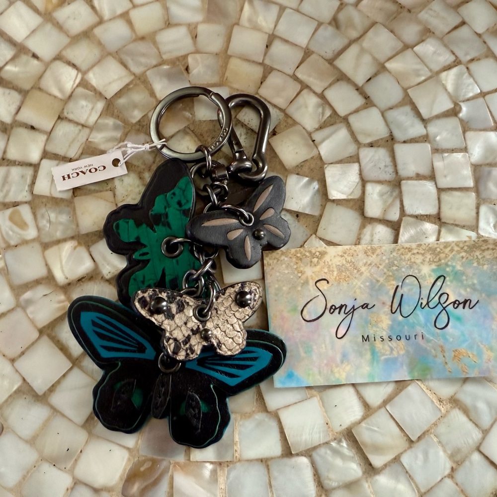 Coach Butterfly Keychain Key Charm Fob Green Leather Rare Butterflies #54997 NWT